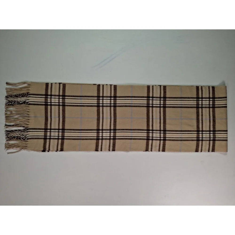 100% Cashmere Scarf Made in Scotland Tan Brown Plaid Check Fringe Winter Wrap